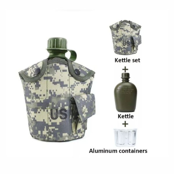 Military Camouflage Aluminum Bag Water Bottle A three-piece Set Green Canteen with Quart Cup and Cover