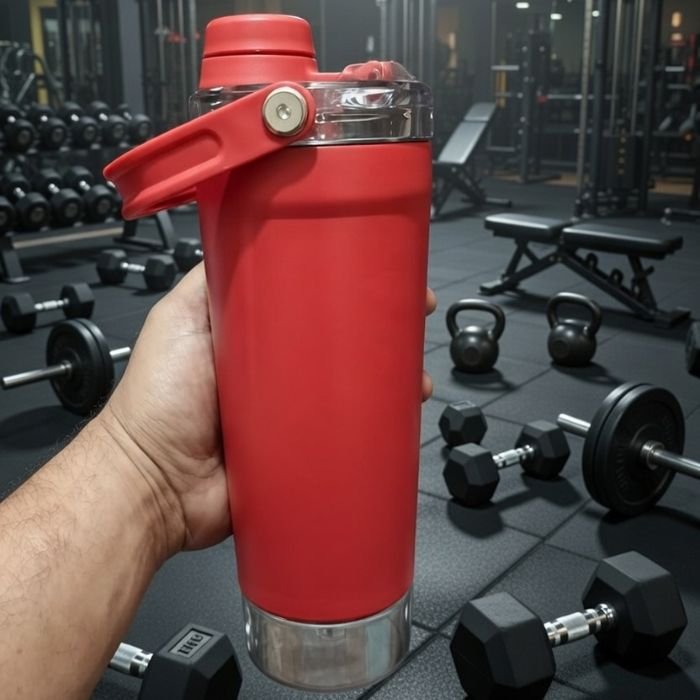 Premium Double Wall Stainless Steel Vacuum Insulated Shaker Bottle with Storage Bottom- RED
