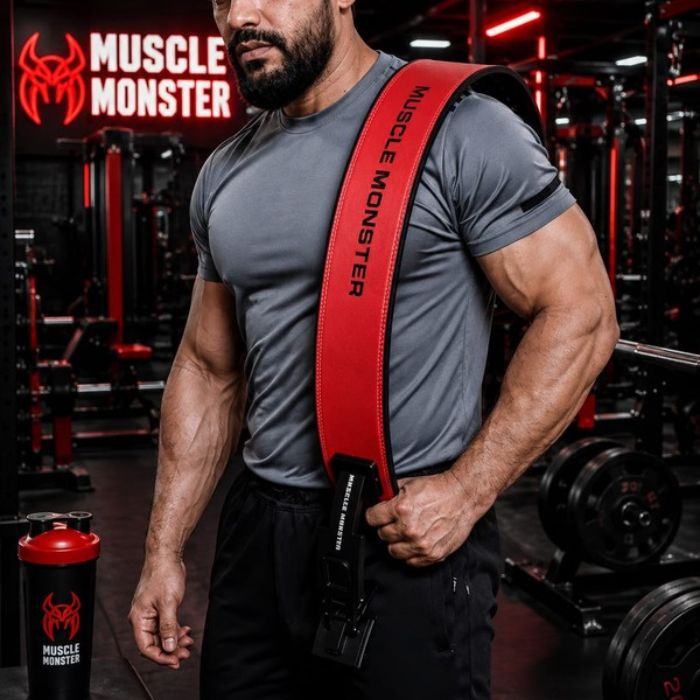MUSCEL MONSTER Chinese Red – Lever Leather Power Lifting 12MM Belt with with Premium Bag