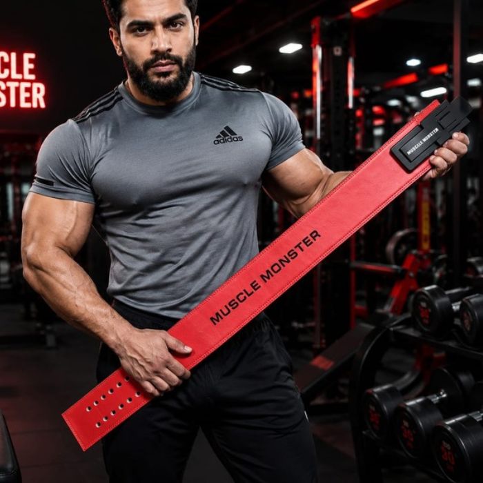 MUSCEL MONSTER Chinese Red – Lever Leather Power Lifting 12MM Belt with with Premium Bag